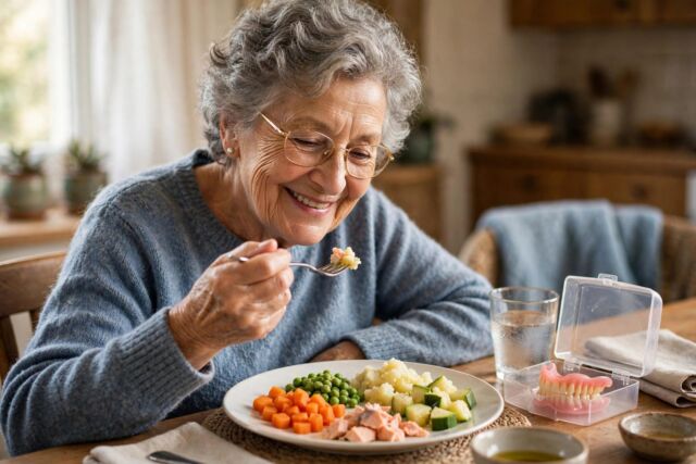 Eating with new dentures: soft foods cut into small pieces