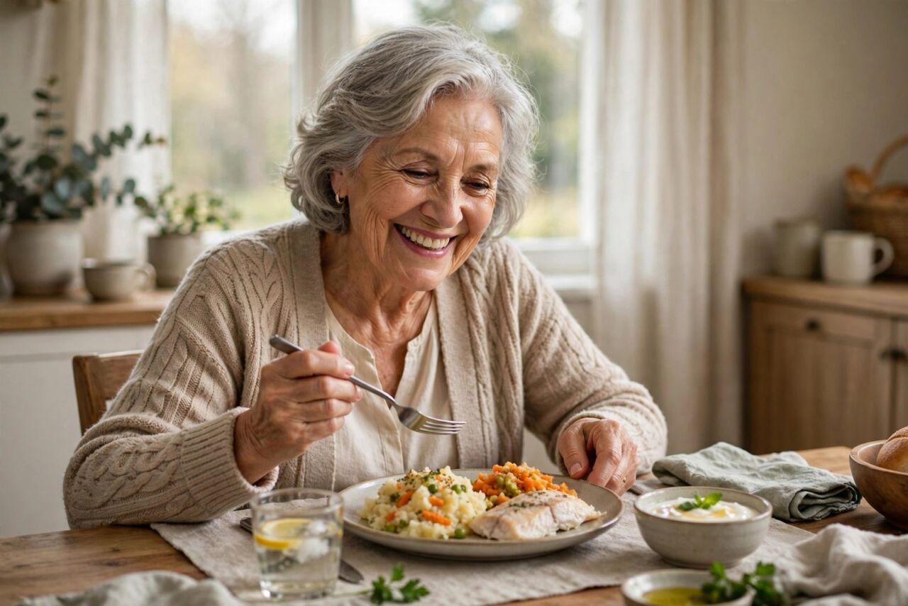 Older woman smiling at a table with a plate of food