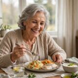 Older woman smiling at a table with a plate of food