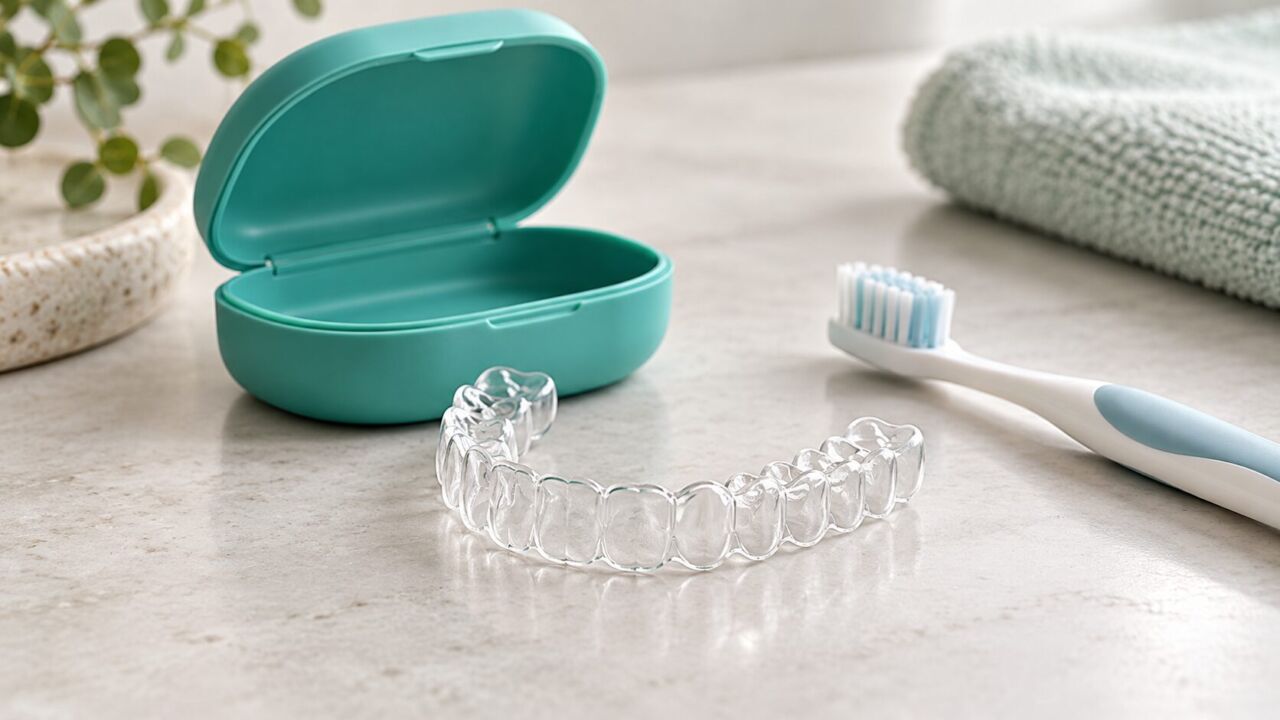 Living with clear aligners: a transparent tray beside its storage case and toothbrush