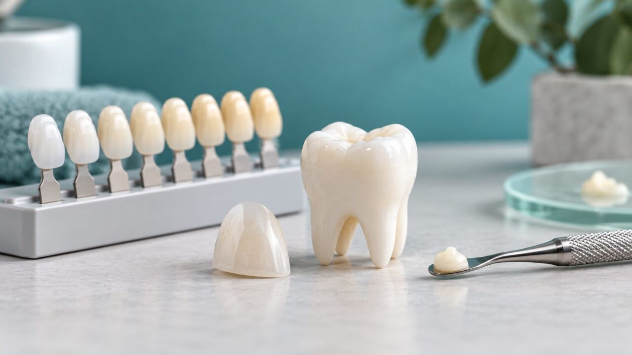 Veneer sample, tooth model and shade guide illustrating veneers, whitening and bonding